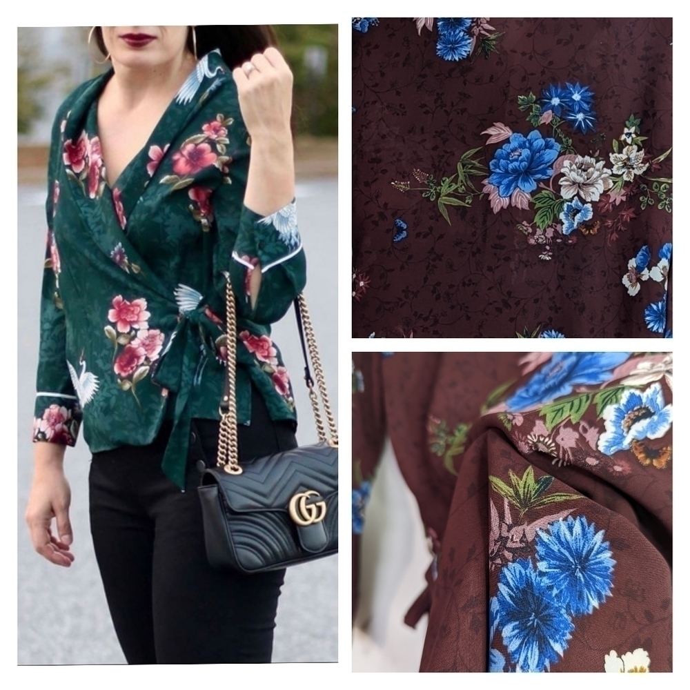 Zara Floral Blouse Long Sleeve Wrap Kimono Red Womens XS Maroon Blazer Bow Satin